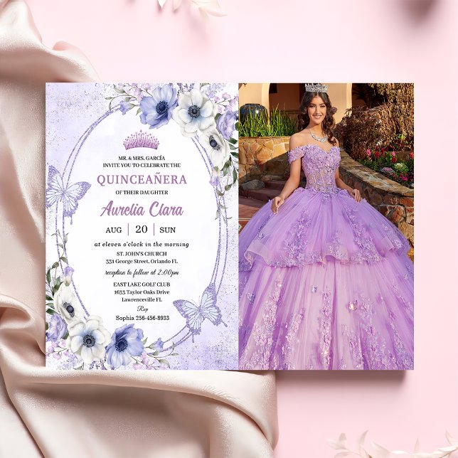 Invitation Couronne de fleurs violettes pour Quinceañera avec (Créateur téléchargé)