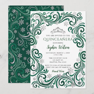 Invitation Couronne de flocons de neige verts argentés Quince