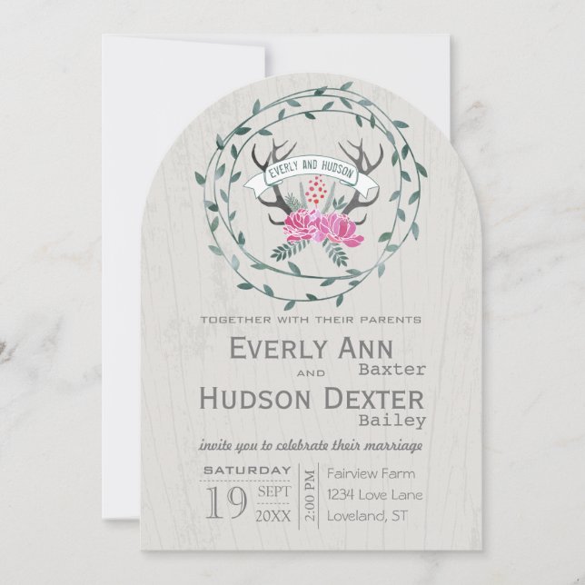 Invitation Couronne de forêt rustique bois de cerf Mariage (Devant)