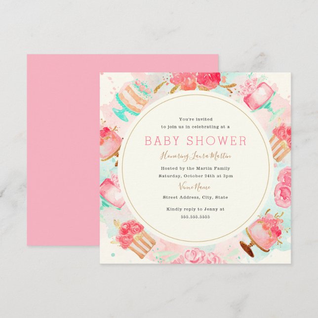Invitation Couronne de gâteau à la menthe rose douce pour Bab (Devant / Derrière)