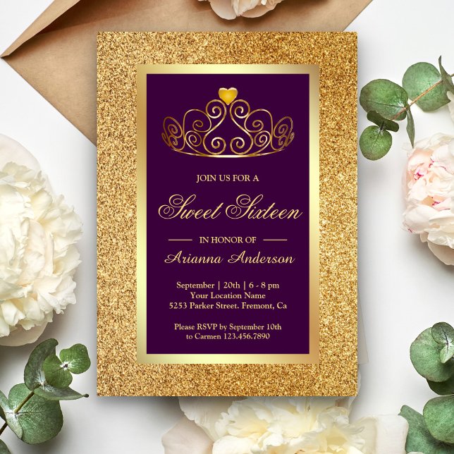Invitation Couronne de glitter doré Princesse Violet Sweet Se (Créateur téléchargé)