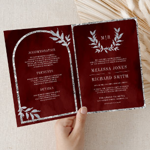 Invitation Couronne de Laurier Argenté Feuilles Rouge Bourgog