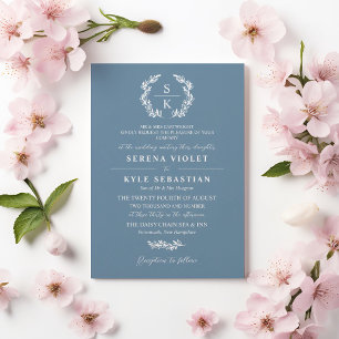 Invitation Couronne de laurier bleu ombre monogramme mariage