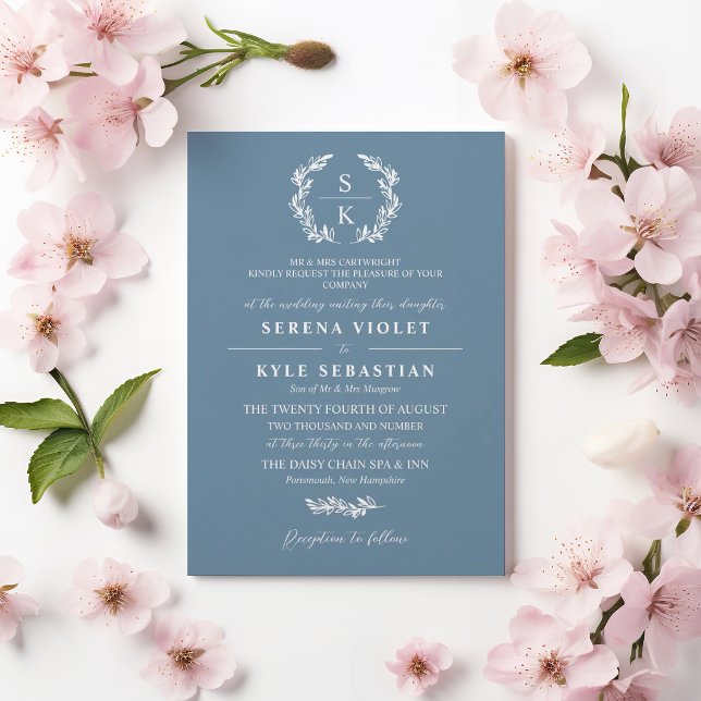 Invitation Couronne de laurier bleu ombre monogramme mariage (Créateur téléchargé)