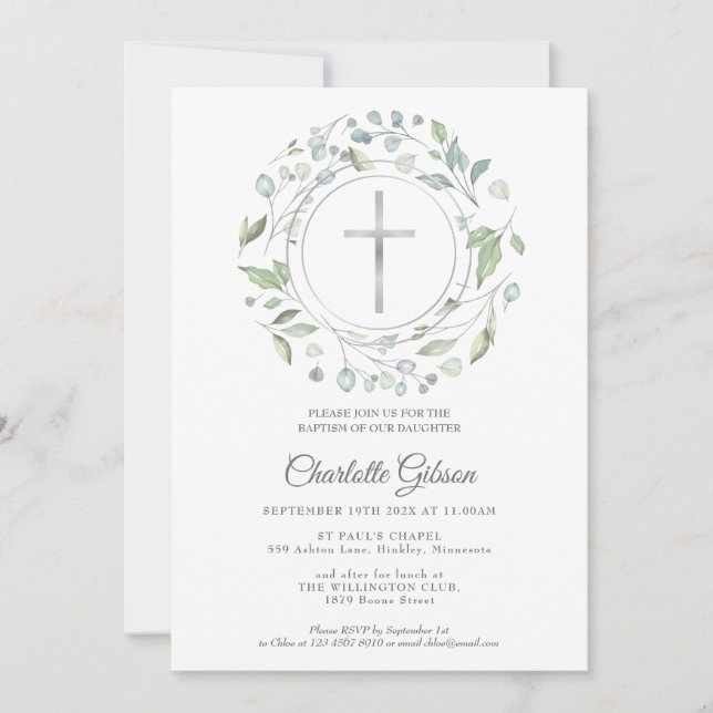 Invitation Couronne de laurier de baptême croix argent (Devant)