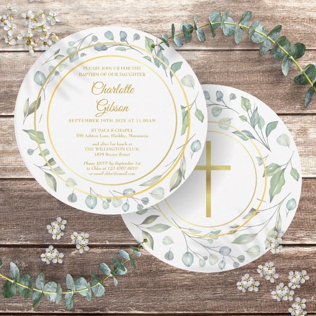 Invitation Couronne de laurier de baptême Croix dorée circula (Baptism Laurel Garland Gold Cross Circular Invitation)