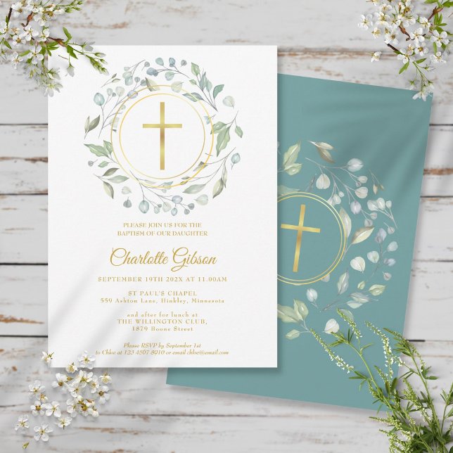 Invitation Couronne de laurier de baptême croix en or (Créateur téléchargé)