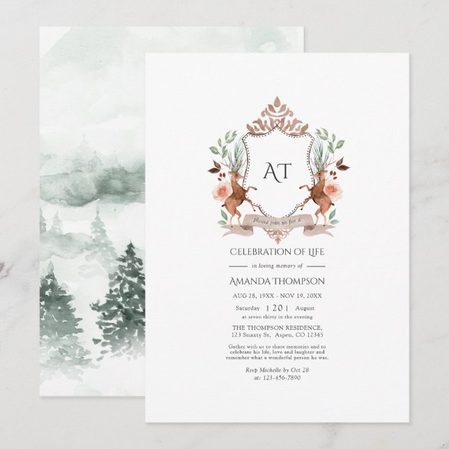 Invitation Couronne de laurier de la forêt Monogramme Célébra (Devant / Derrière)