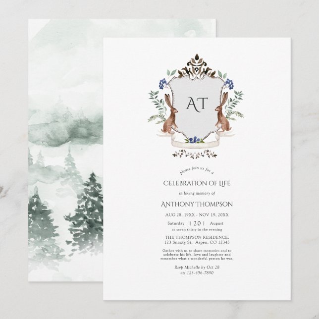 Invitation Couronne de laurier de la forêt Monogramme Célébra (Devant / Derrière)