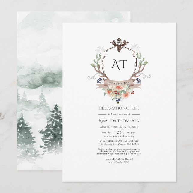 Invitation Couronne de laurier de la forêt Monogramme Célébra (Devant / Derrière)