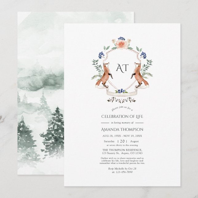 Invitation Couronne de laurier de la forêt Monogramme Célébra (Devant / Derrière)