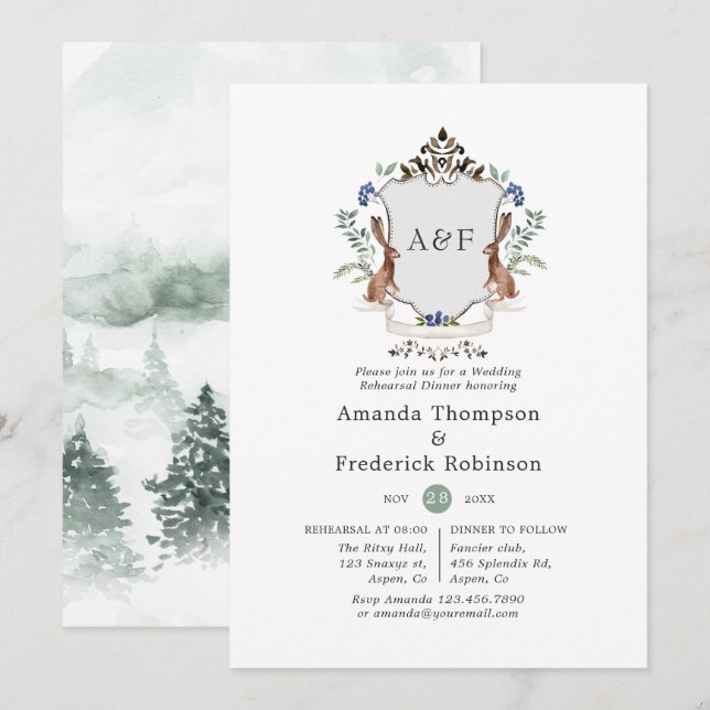 Invitation Couronne de Laurier de la forêt Monogramme Dîner d (Devant / Derrière)