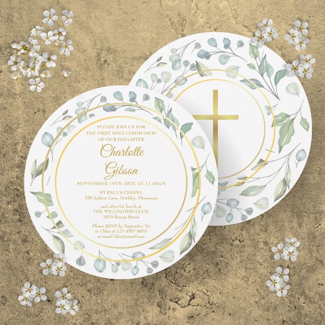 Invitation Couronne de laurier de première communion solennel (First Holy Communion Laurel Garland Gold Circular Invitation)