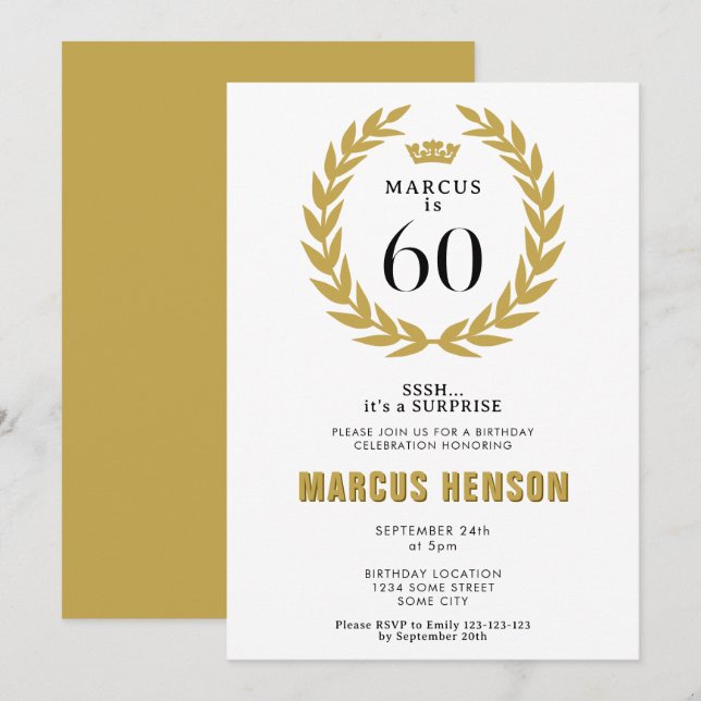 Invitation Couronne de laurier doré 60e anniversaire surprise (Devant / Derrière)