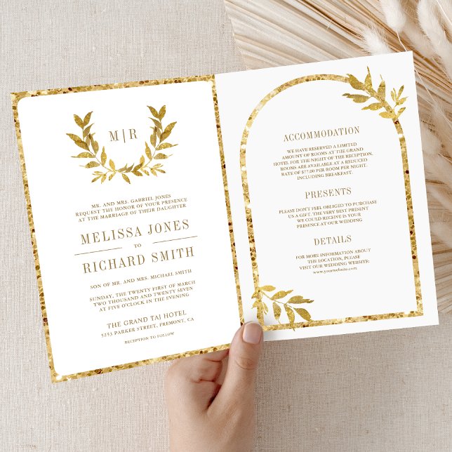 Invitation Couronne de laurier doré feuilles blanches mariage (Créateur téléchargé)