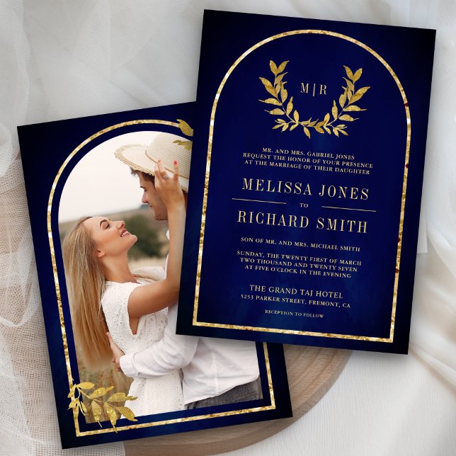 Invitation Couronne de laurier doré Feuilles Bleu Royal Maria (Créateur téléchargé)