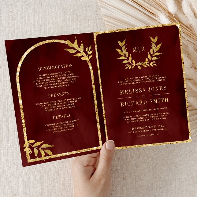 Invitation Couronne de laurier doré feuilles bordeaux rouge m (Créateur téléchargé)