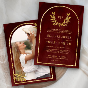 Invitation Couronne de laurier doré feuilles bordeaux rouge m
