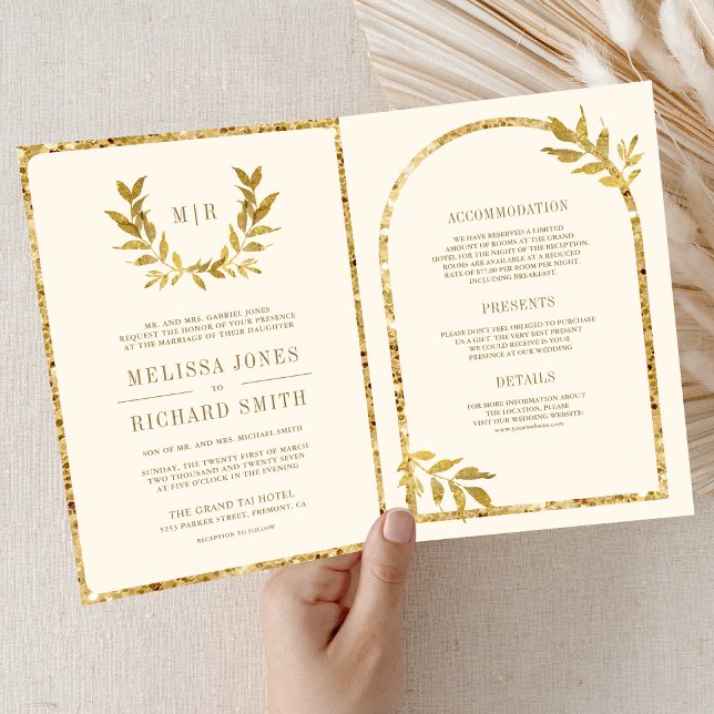 Invitation Couronne de laurier doré Feuilles Crème Mariage (Créateur téléchargé)