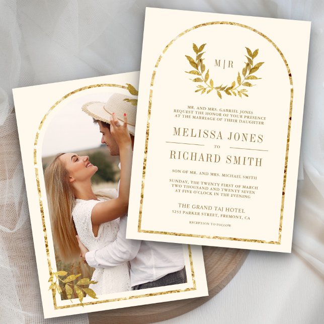 Invitation Couronne de laurier doré Feuilles Crème Mariage (Créateur téléchargé)