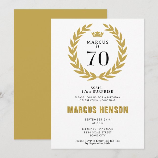 Invitation Couronne de laurier doré pour la surprise des 70 a (Devant / Derrière)