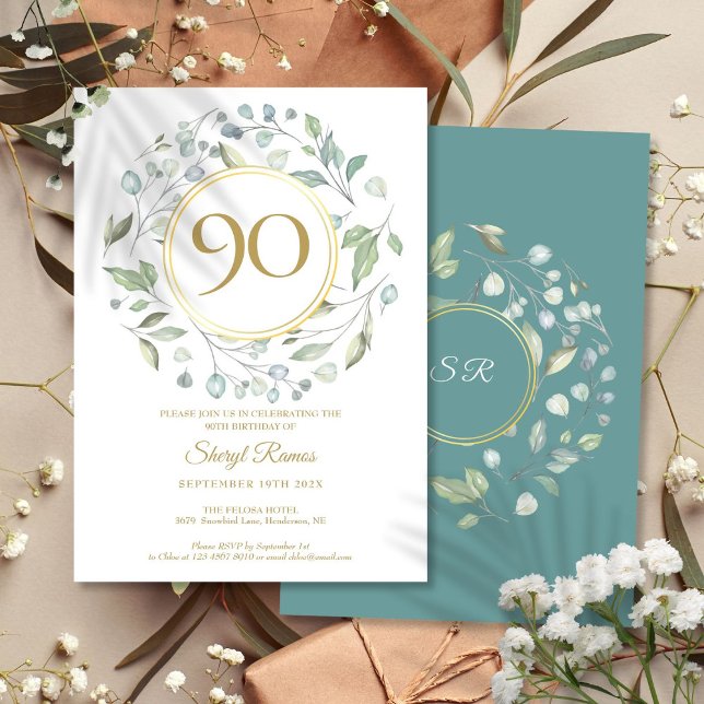 Invitation Couronne de laurier en or Monogramme 90e anniversa (Laurel Garland Gold Monogram 90th Birthday Invitation)