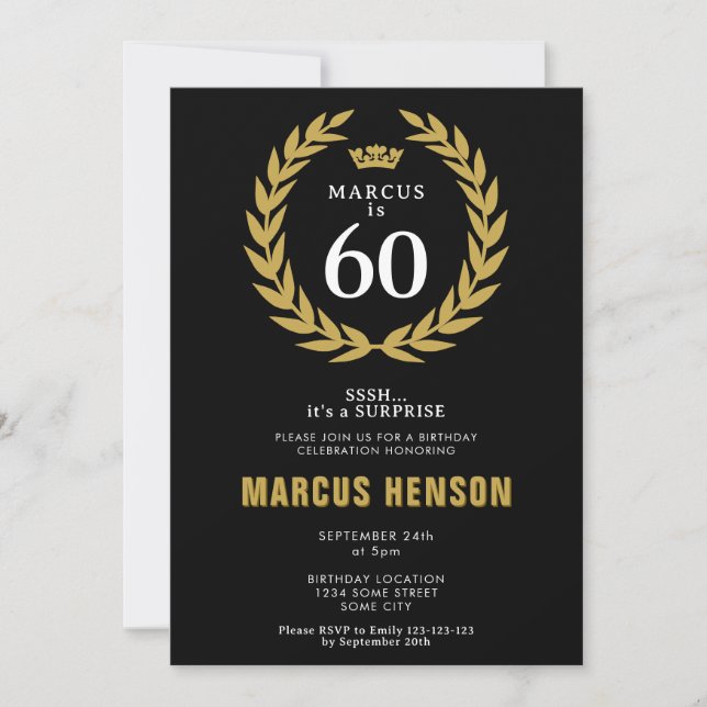 Invitation Couronne de laurier en or pour surprise d'annivers (Devant)
