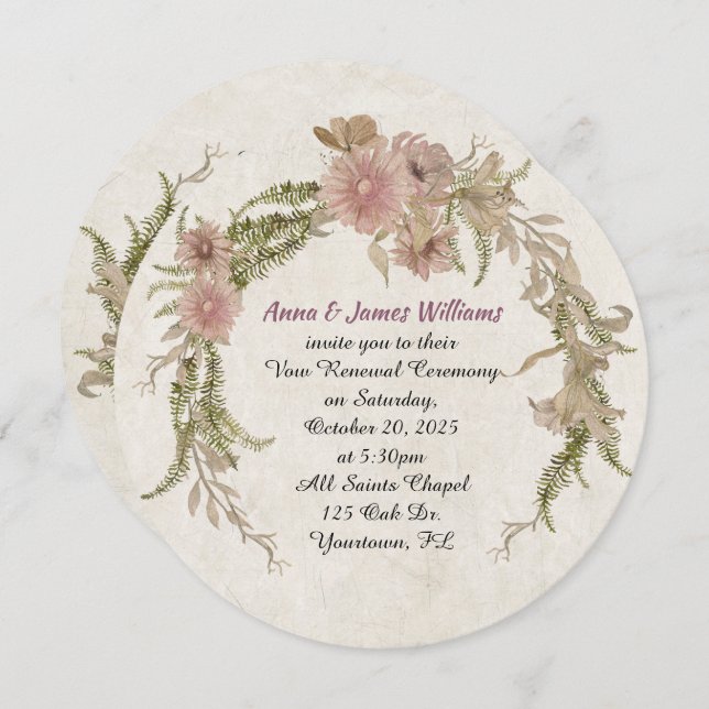 Invitation couronne de laurier floral pour le Mariage Vow Ren (Devant / Derrière)