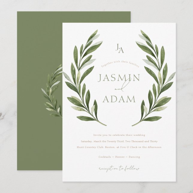 Invitation Couronne de laurier vert sauge élégante Mariage (Devant / Derrière)