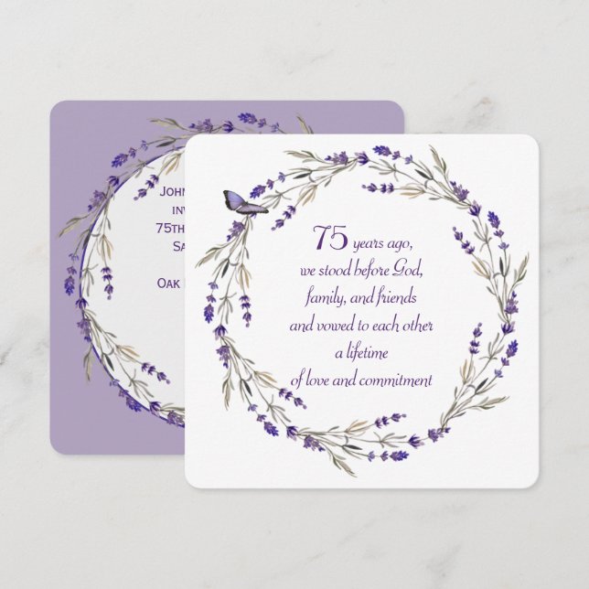 Invitation Couronne de lavande pour 75e anniversaire (Devant / Derrière)