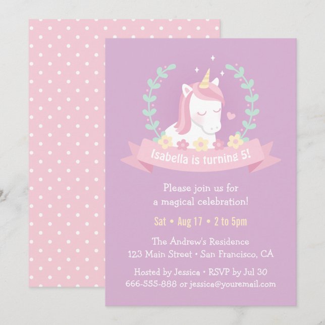 Invitation Couronne de licorne mignonne Fête d'anniversaire d (Devant / Derrière)