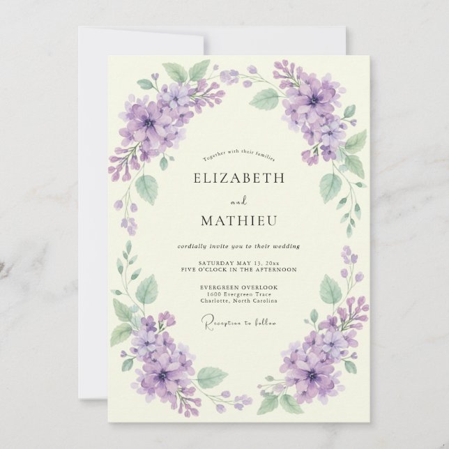 Invitation Couronne de lilas pour mariage printanier (Devant)