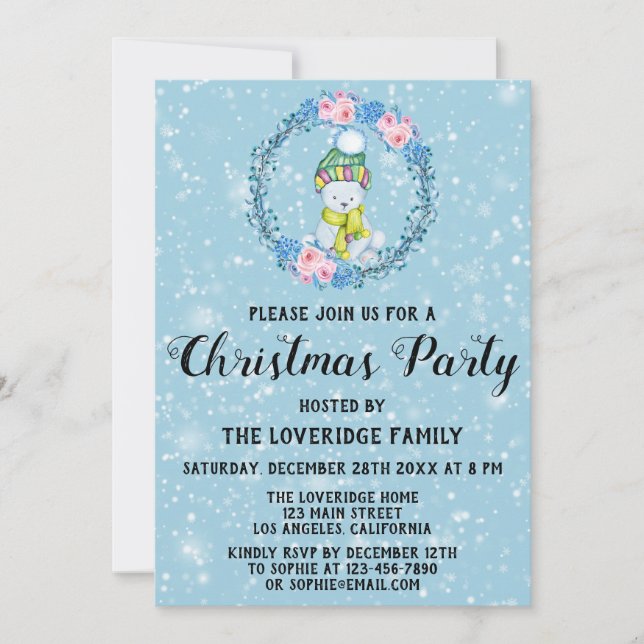 Invitation Couronne de l'ours mignon Vacances Noël Fête Bleu  (Devant)