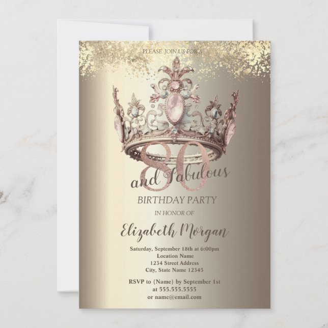 Invitation Couronne de Luxe Or Confettis 80ème Anniversaire (Devant)
