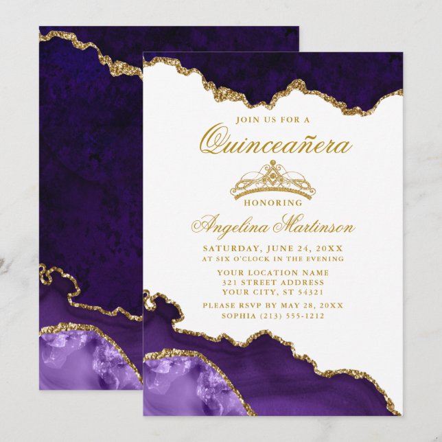 Invitation Couronne de marbre violet or Quinceanera (Devant / Derrière)