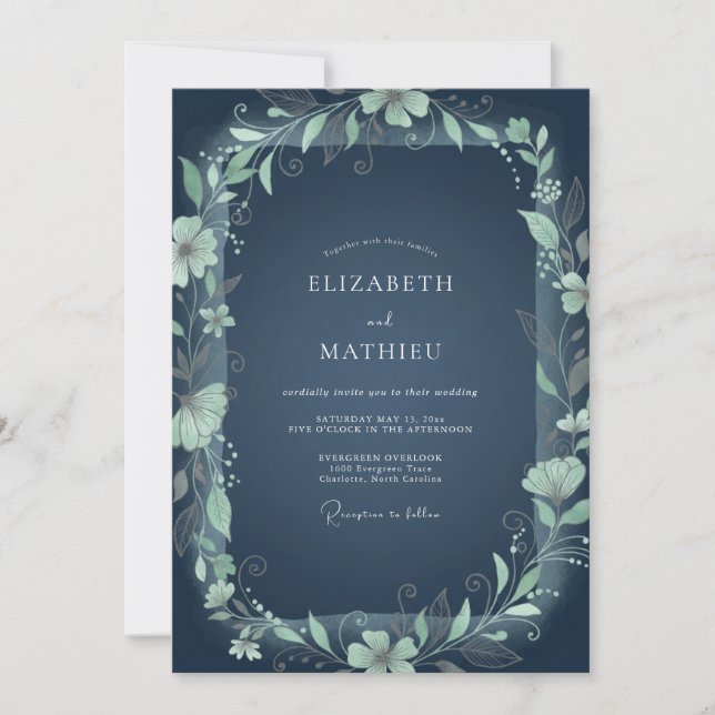 Invitation Couronne de mariage à feuilles de teal (Devant)