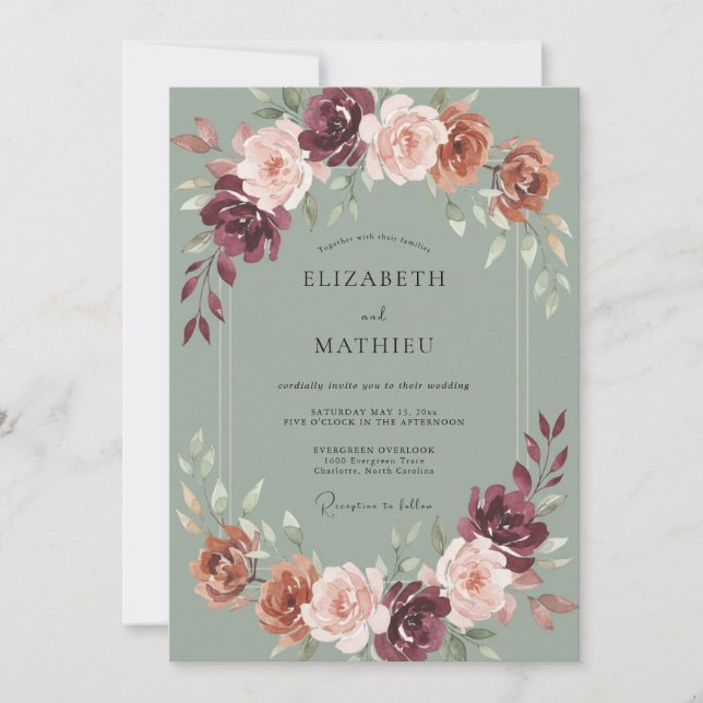 Invitation Couronne de mariage à fleurs Burgundy Painterly (Devant)