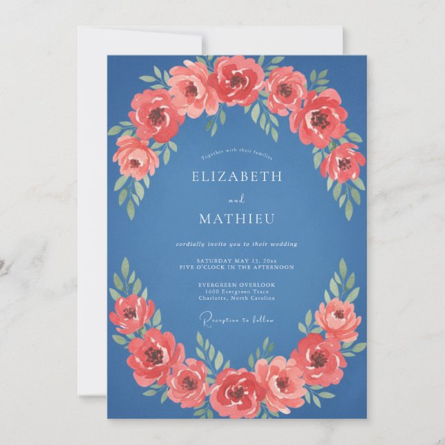 Invitation Couronne de mariage à guirlande de fleurs corail (Devant)