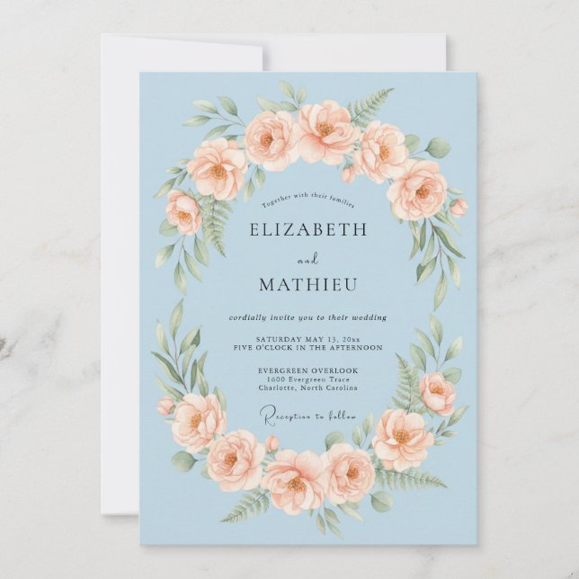Invitation Couronne de mariage à la floraison bleu ciel (Devant)