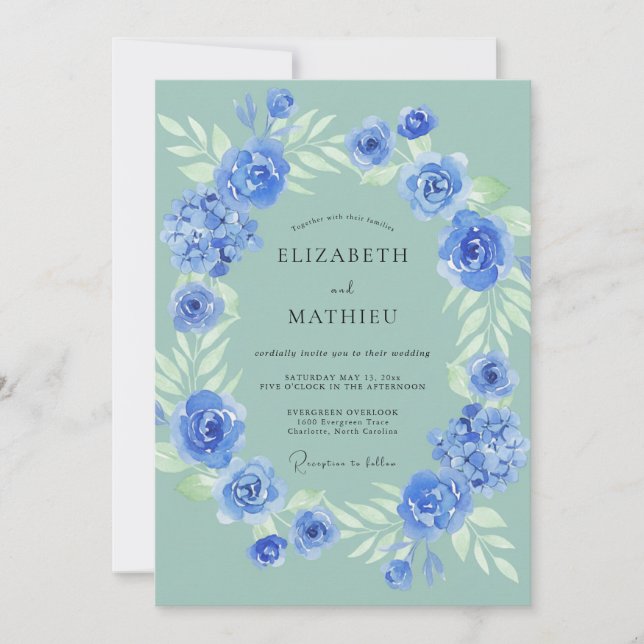 Invitation Couronne de mariage à la menthe et au bleuet (Devant)