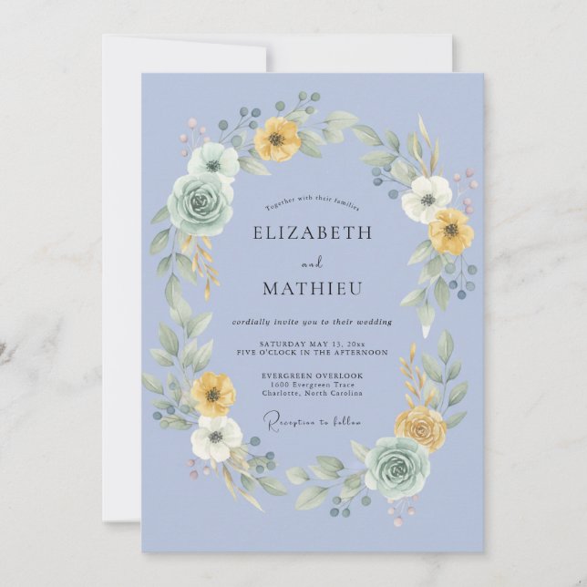 Invitation Couronne de mariage à la moutarde et pervenche (Devant)