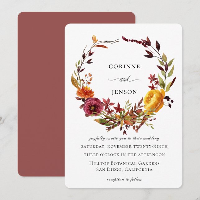 Invitation Couronne de mariage à l'aquarelle automnale rustiq (Devant / Derrière)