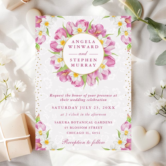 Invitation Couronne de mariage à l'aquarelle avec tulipes et  (Créateur téléchargé)