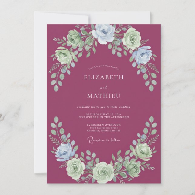 Invitation Couronne de mariage à l'aquarelle magenta (Devant)