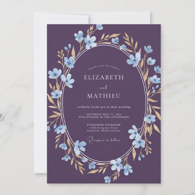Invitation Couronne de mariage à l'aquarelle prune et pervenc (Devant)