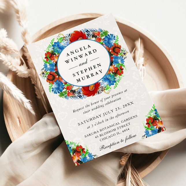 Invitation Couronne de mariage à l'aquarelle rouge et bleue (Créateur téléchargé)