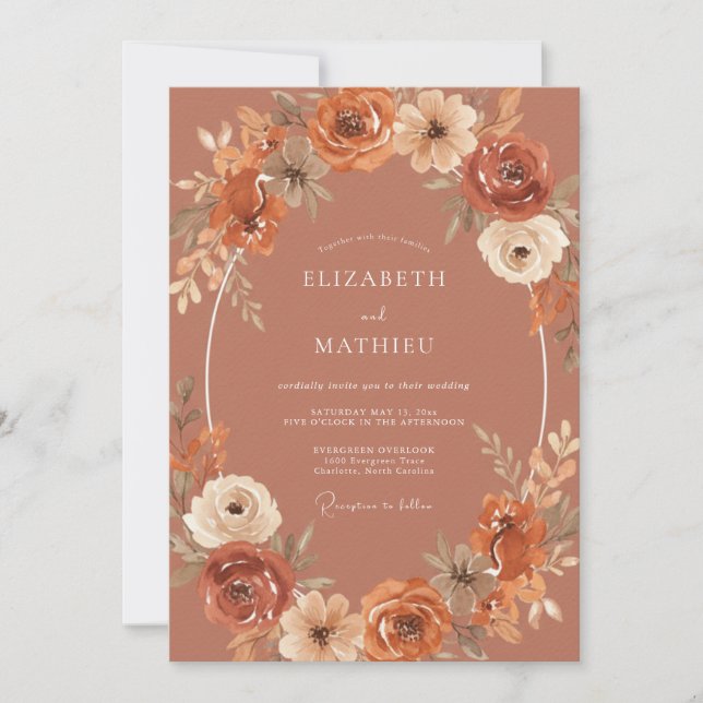 Invitation Couronne de mariage à l'aquarelle rouille (Devant)
