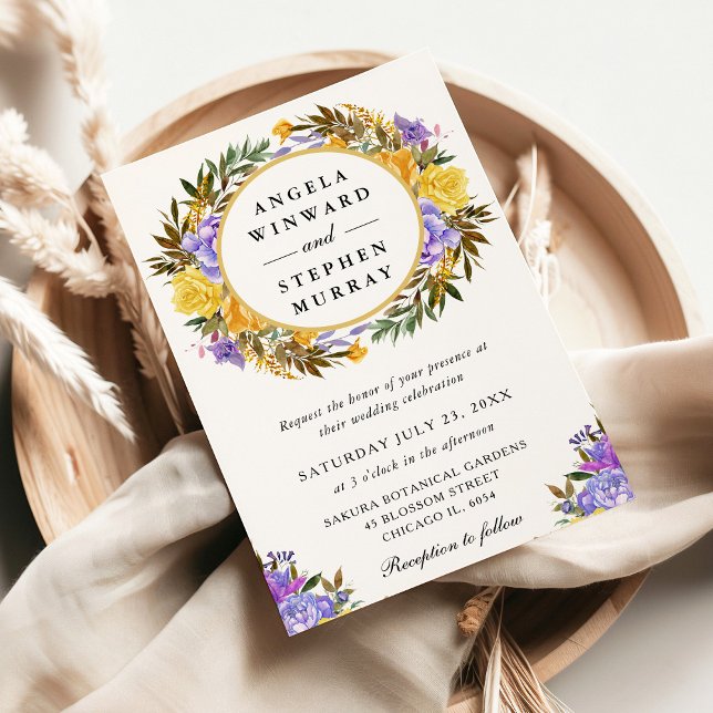 Invitation Couronne de mariage à l'aquarelle violet jaune (Créateur téléchargé)