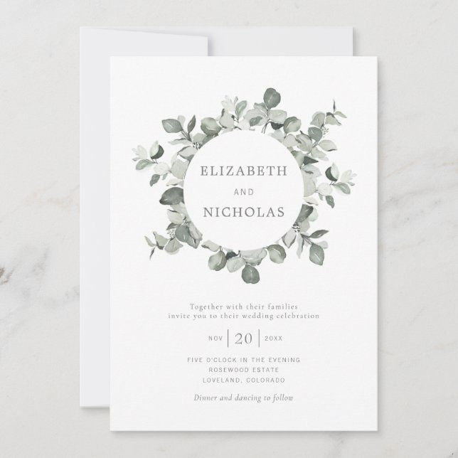 Invitation Couronne de mariage à l'eucalyptus aquarelle (Devant)