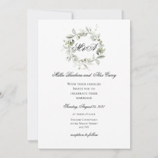 Invitation Couronne de mariage à monogramme vert sauge élégan